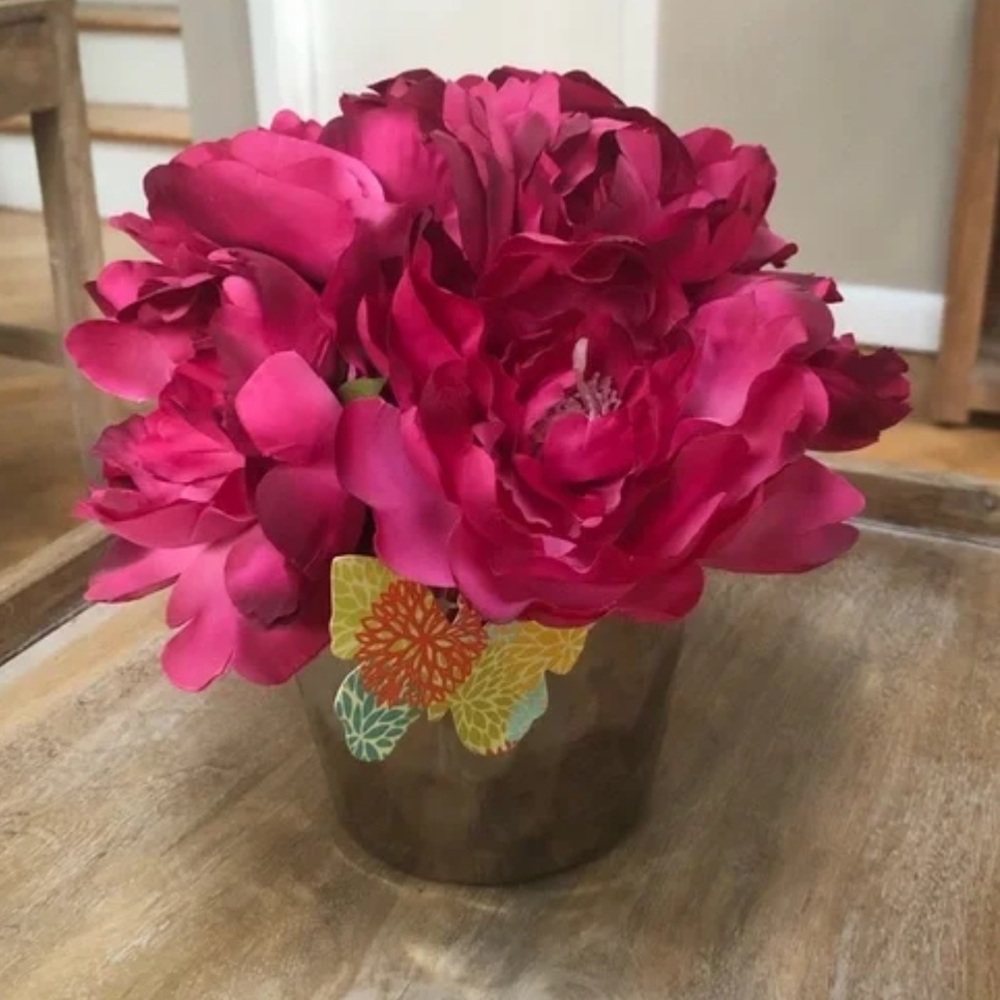 Pink Peonies in Silver Planter Vase